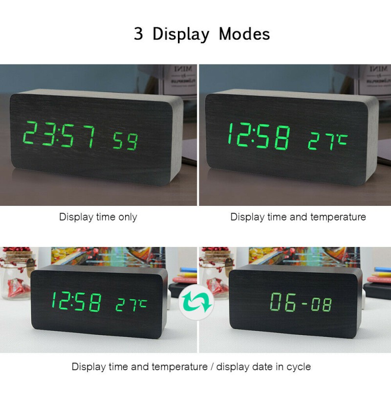 Electronic Digital Wooden Alarm Clock / Temperature/ Date Display